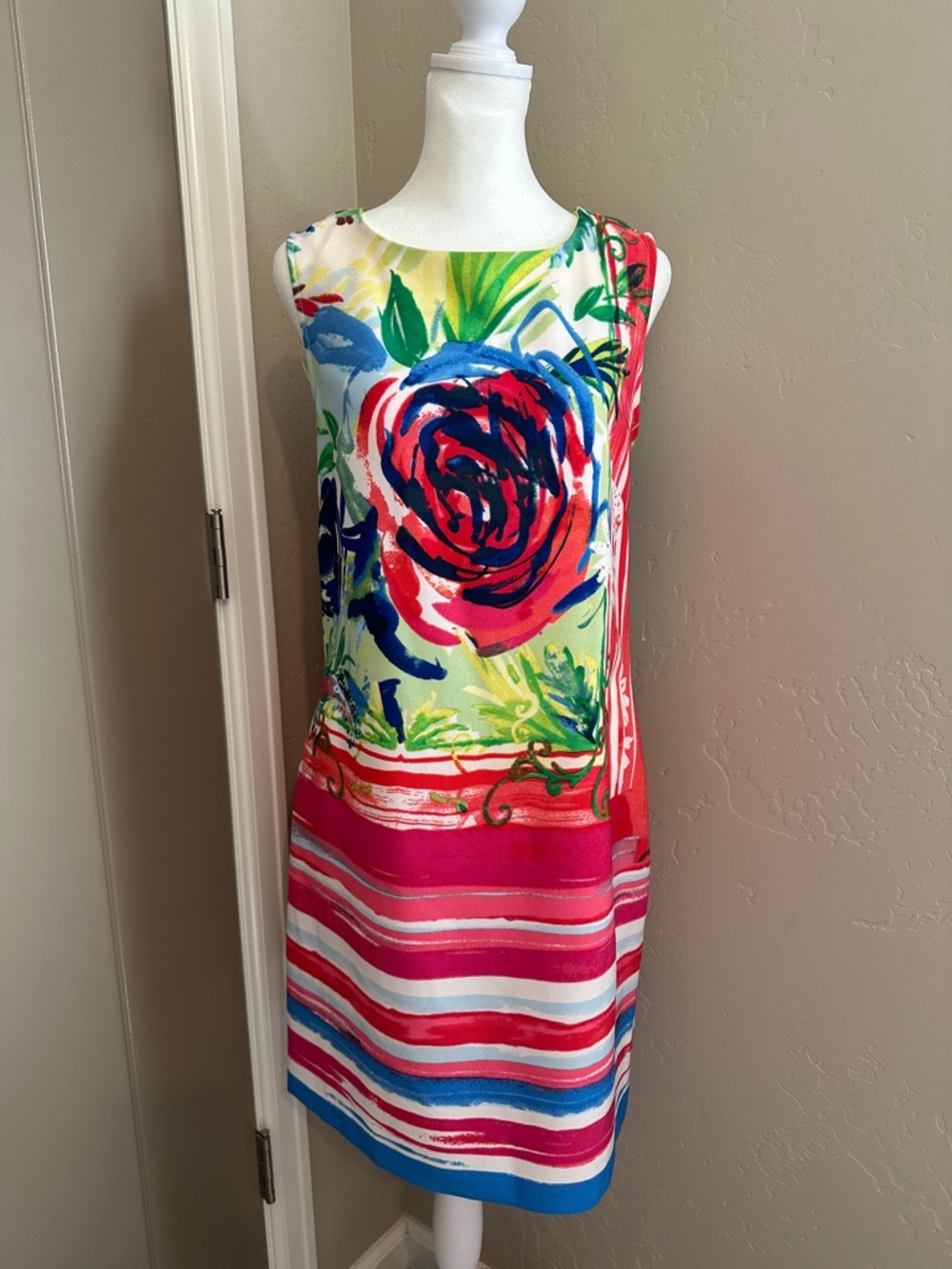 Sleeveless Midi Dress in Pink Multi Floral Stripe